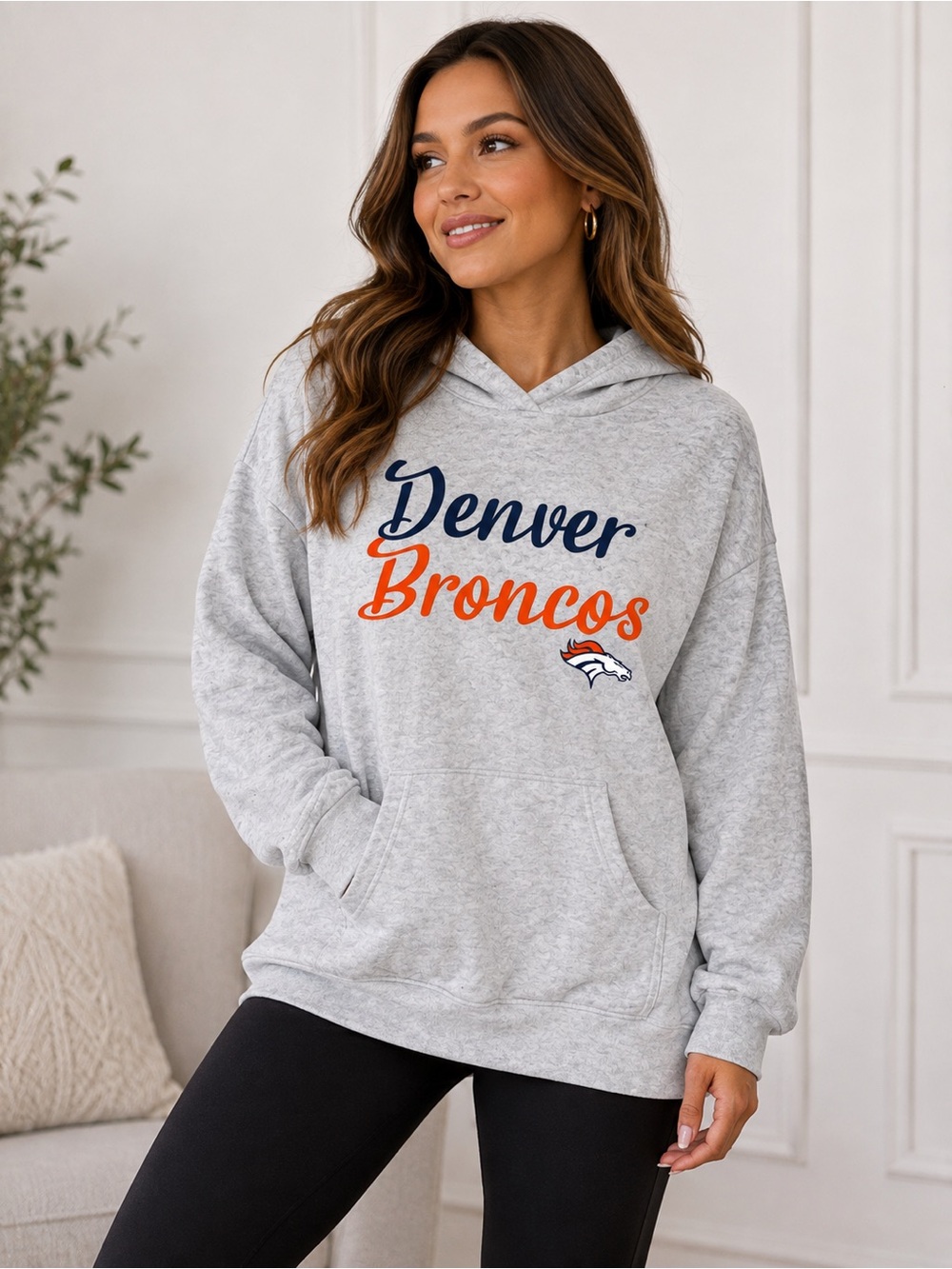 NFL Denver Broncos Gray Crewneck Hoodie with Navy & Orange Script